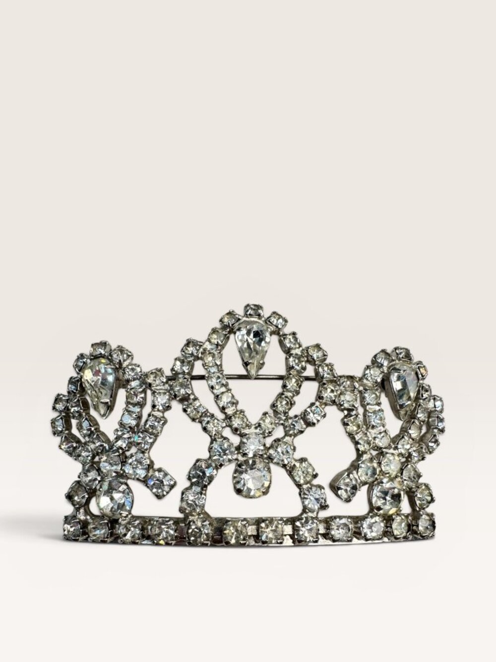 1950s Clear Crystal Crown Brooch Silver Tone Tiara Royal Vintage